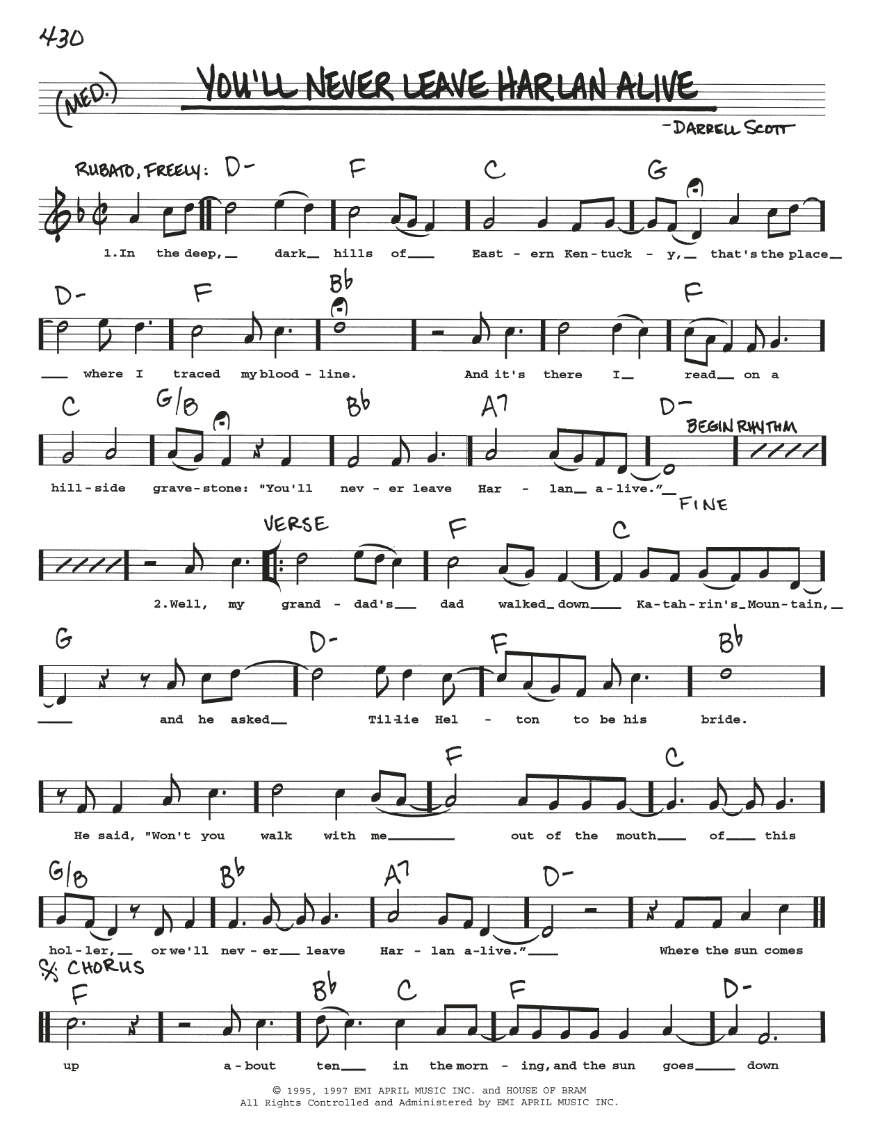 Patty Loveless You'll Never Leave Harlan Alive sheet music notes and chords arranged for Real Book – Melody, Lyrics & Chords