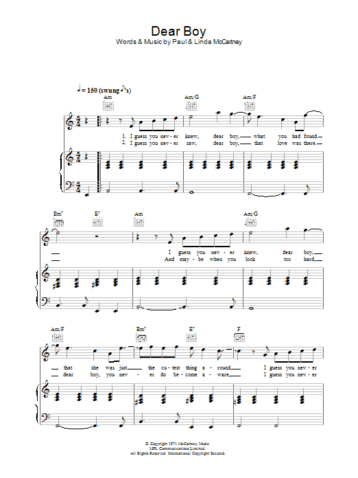 Paul And Linda McCartney Dear Boy sheet music notes and chords arranged for Piano, Vocal & Guitar Chords