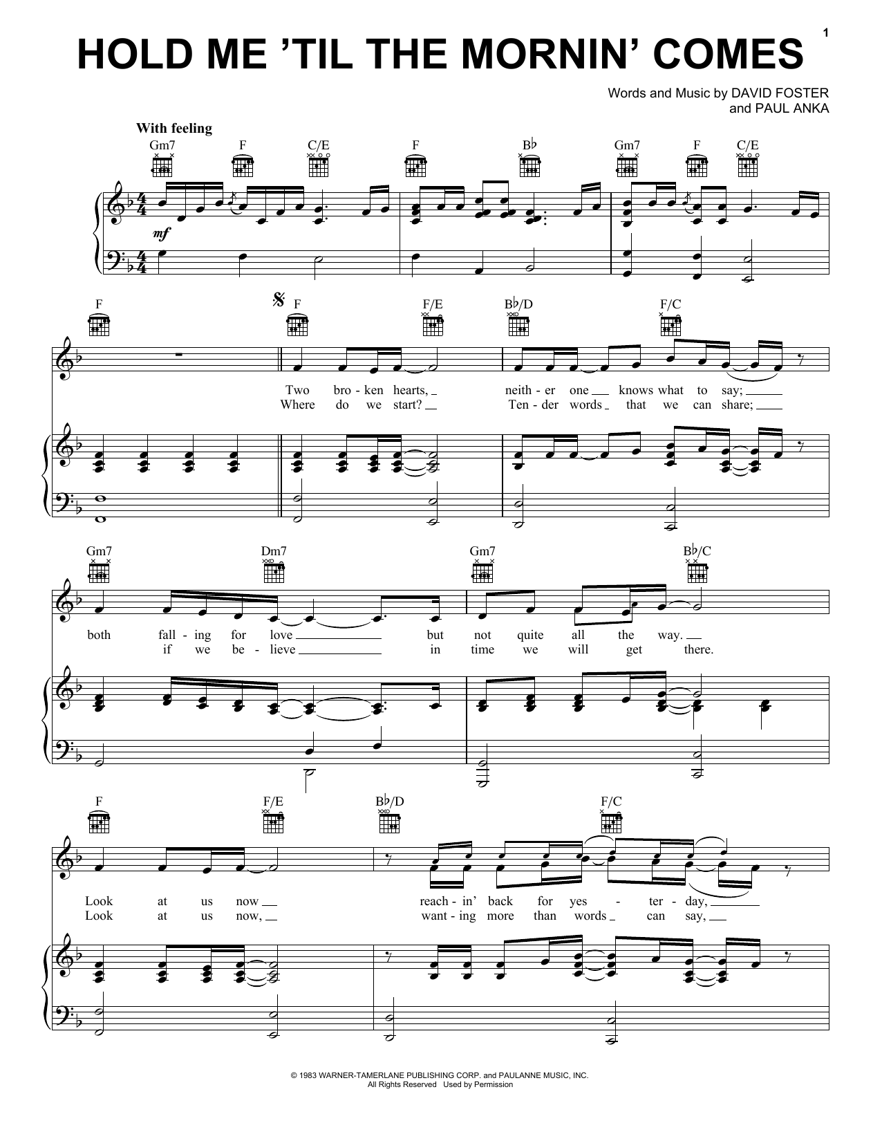 Paul Anka and Peter Cetera Hold Me 'Til The Mornin' Comes sheet music notes and chords arranged for Piano, Vocal & Guitar Chords (Right-Hand Melody)