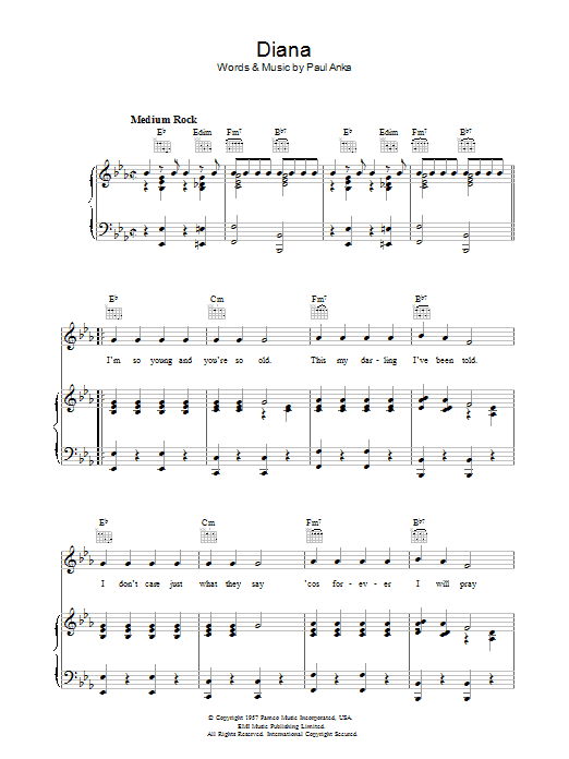 Paul Anka Diana sheet music notes and chords arranged for Guitar Chords/Lyrics