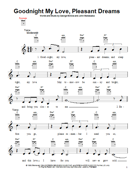 Paul Anka Goodnight My Love, Pleasant Dreams sheet music notes and chords arranged for Ukulele