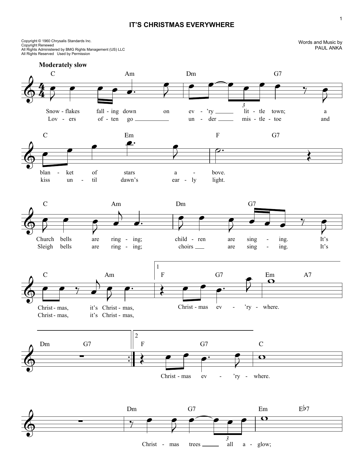 Paul Anka It's Christmas Everywhere sheet music notes and chords arranged for Easy Lead Sheet / Fake Book