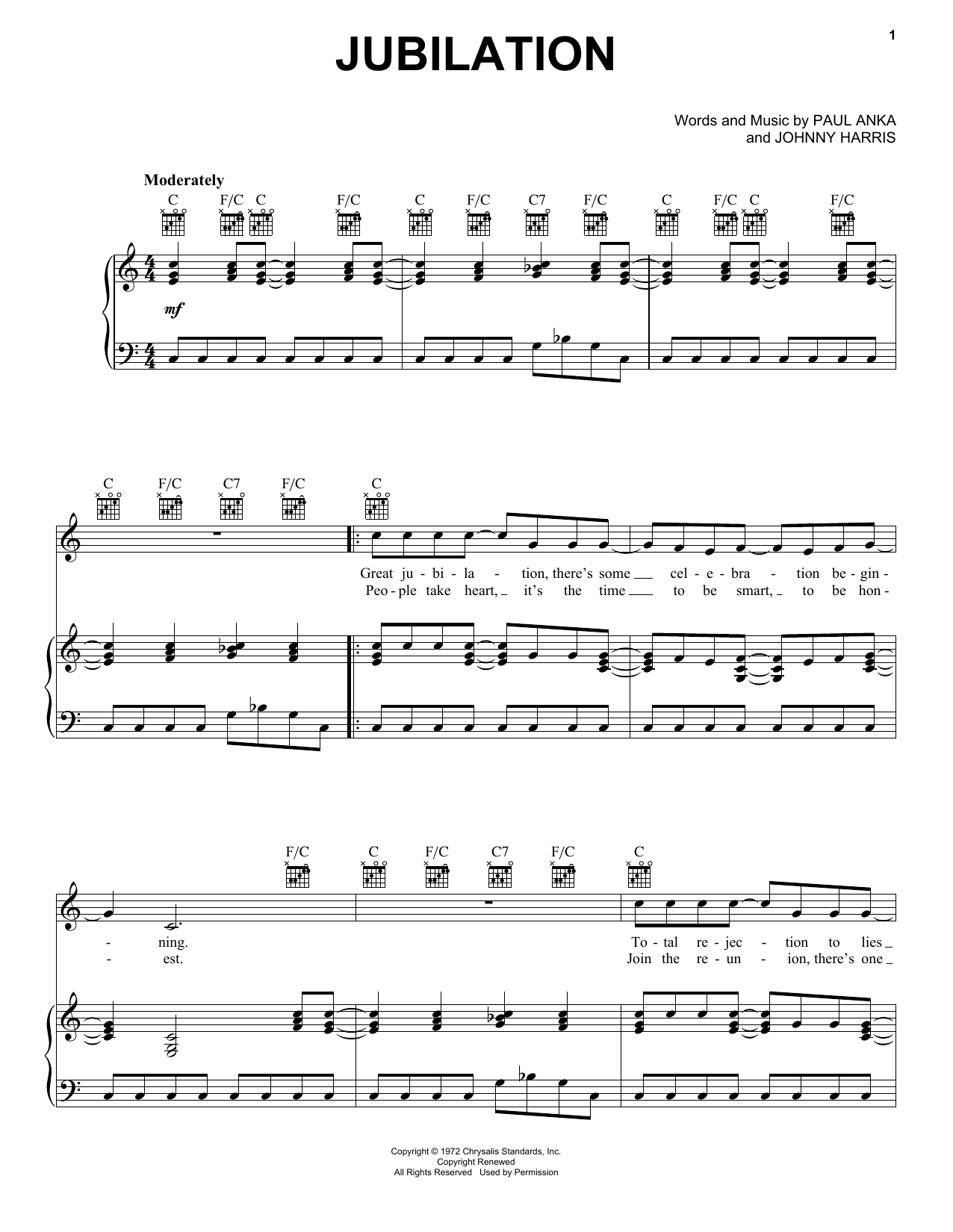 Paul Anka Jubilation sheet music notes and chords arranged for Piano, Vocal & Guitar Chords (Right-Hand Melody)