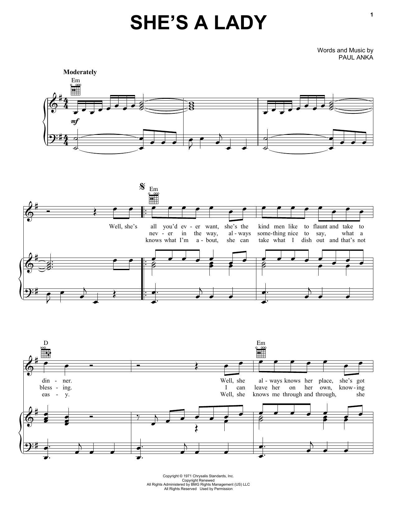 Paul Anka She's A Lady sheet music notes and chords arranged for Piano, Vocal & Guitar Chords (Right-Hand Melody)