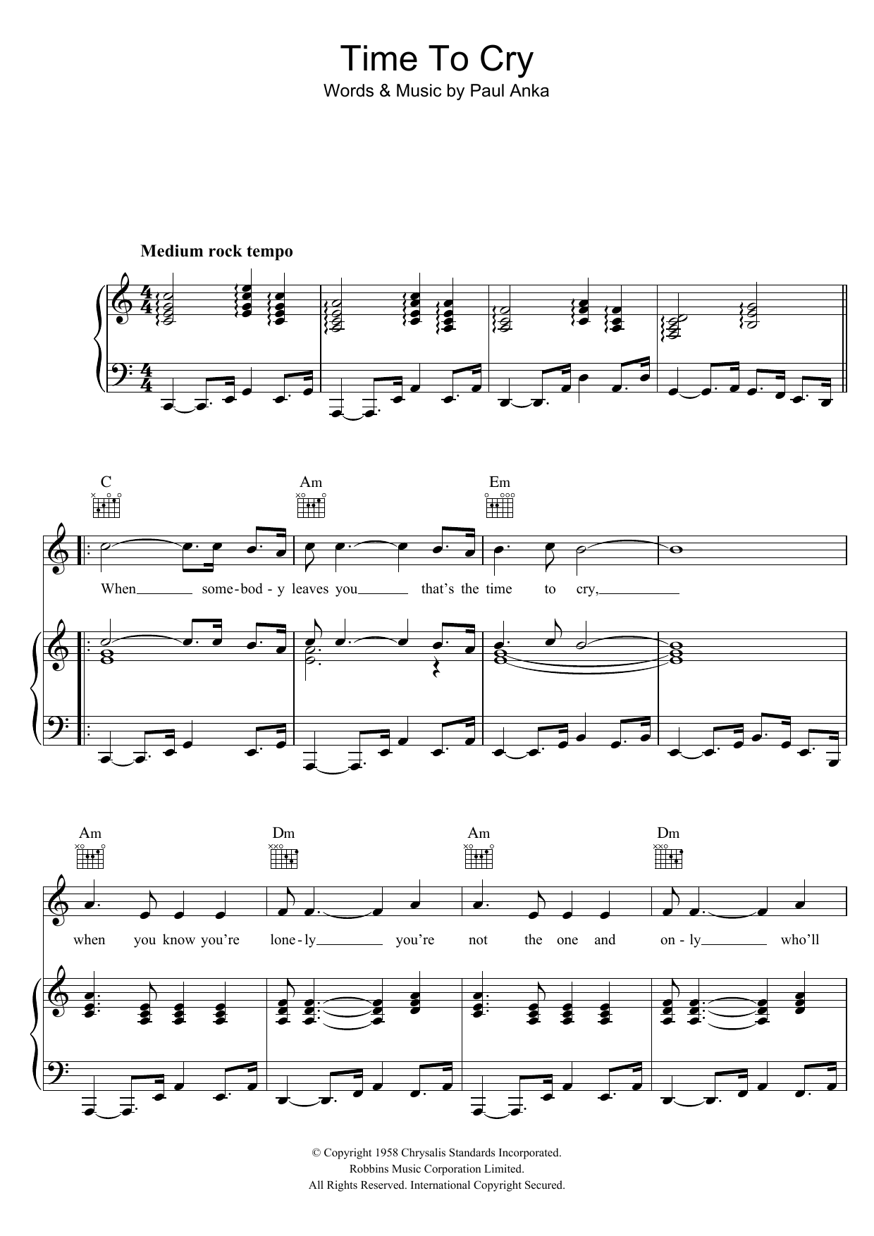 Paul Anka Time To Cry sheet music notes and chords arranged for Piano, Vocal & Guitar Chords