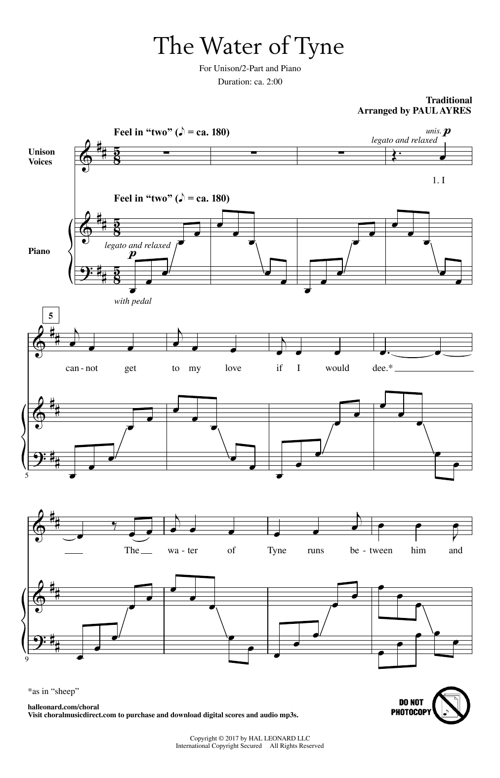 Paul Ayres The Water Of Tyne sheet music notes and chords arranged for Unison Choir