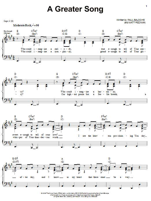 Paul Baloche A Greater Song sheet music notes and chords arranged for Piano, Vocal & Guitar Chords (Right-Hand Melody)