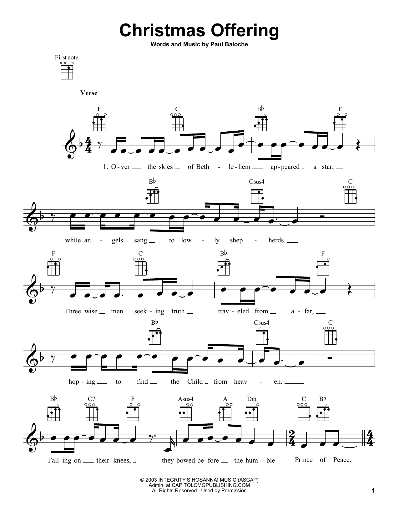 Paul Baloche Christmas Offering sheet music notes and chords arranged for Ukulele