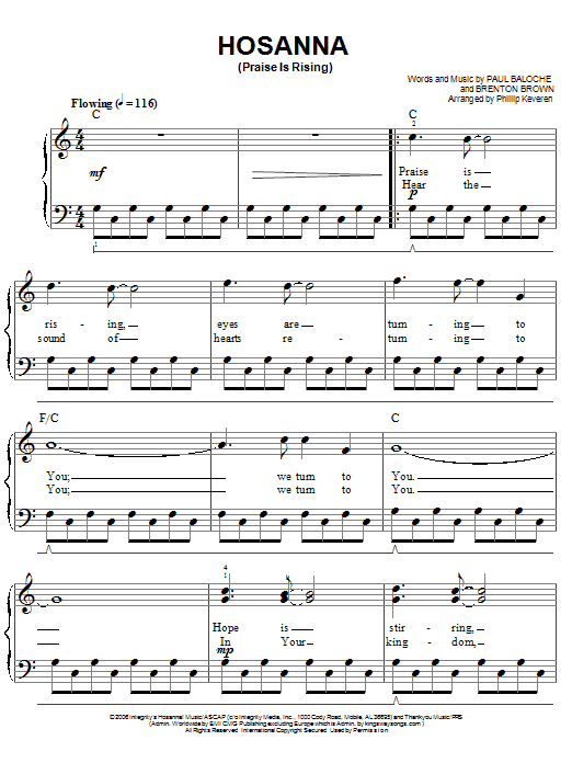 Paul Baloche Hosanna (Praise Is Rising) (arr. Phillip Keveren) sheet music notes and chords arranged for Easy Piano