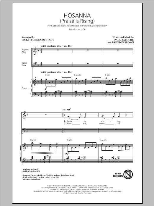 Paul Baloche Hosanna (Praise Is Rising) (arr. Vicki Tucker Courtney) sheet music notes and chords arranged for SATB Choir