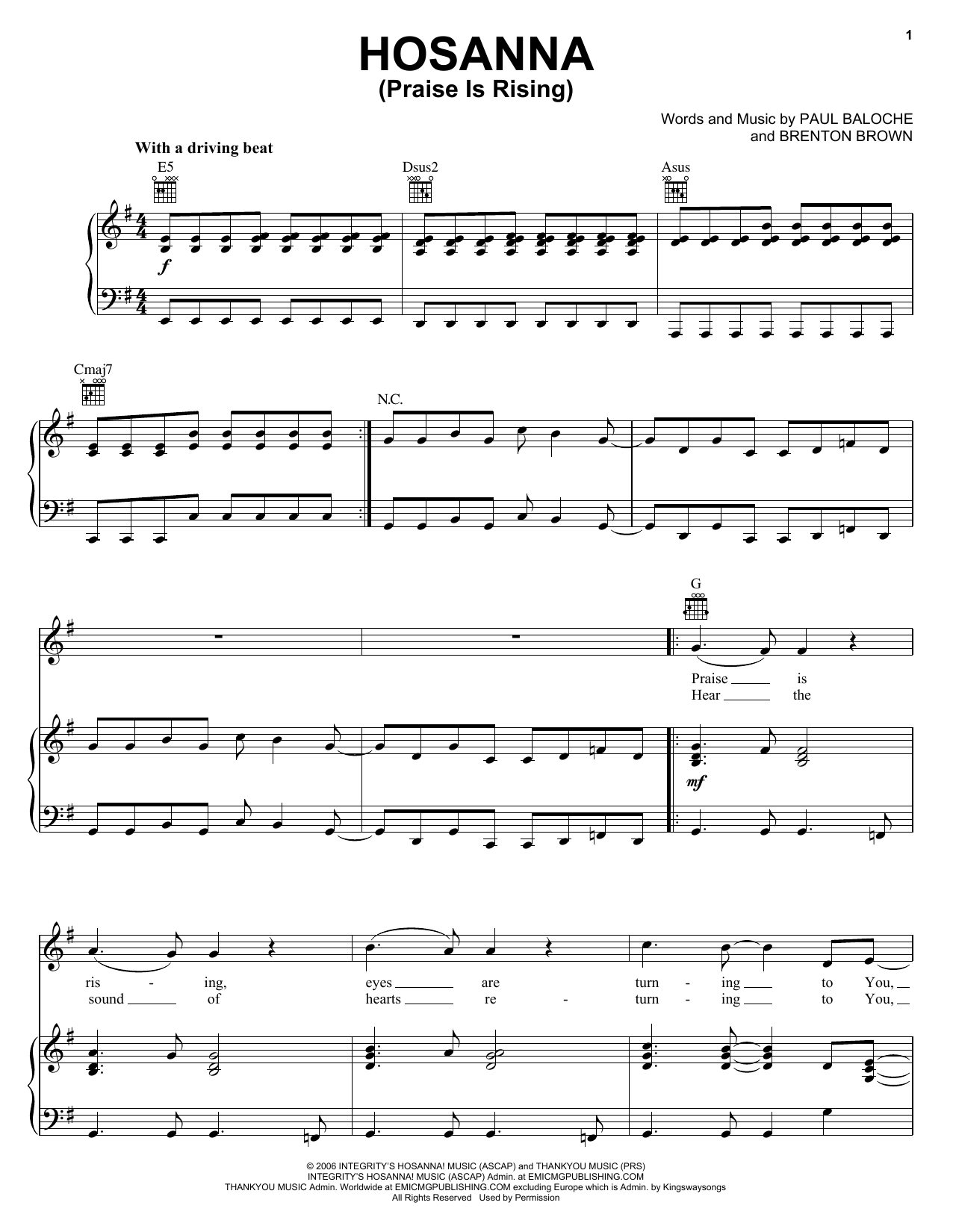 Paul Baloche Hosanna (Praise Is Rising) sheet music notes and chords arranged for Big Note Piano