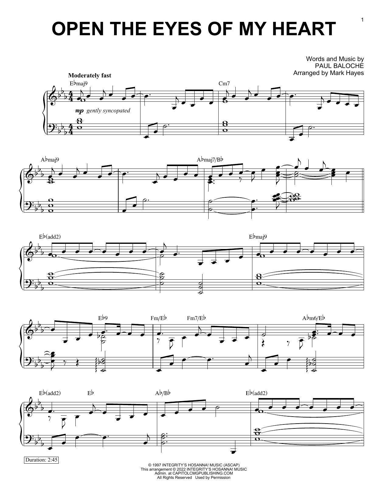 Paul Baloche Open The Eyes Of My Heart (arr. Mark Hayes) sheet music notes and chords arranged for Piano Solo