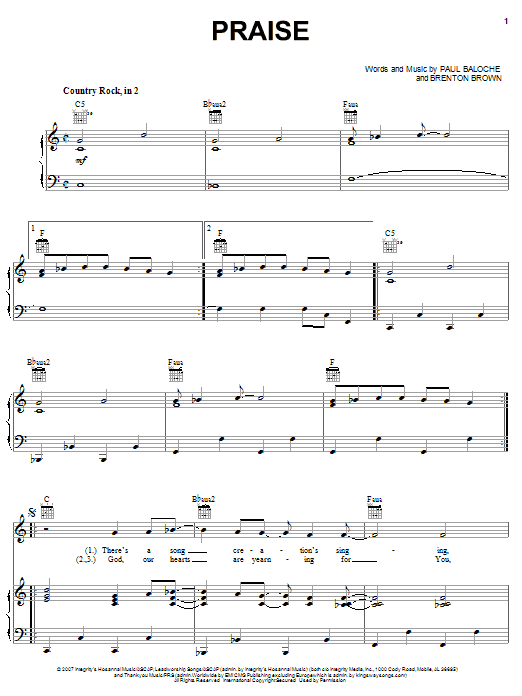 Paul Baloche Praise sheet music notes and chords arranged for Piano, Vocal & Guitar Chords (Right-Hand Melody)