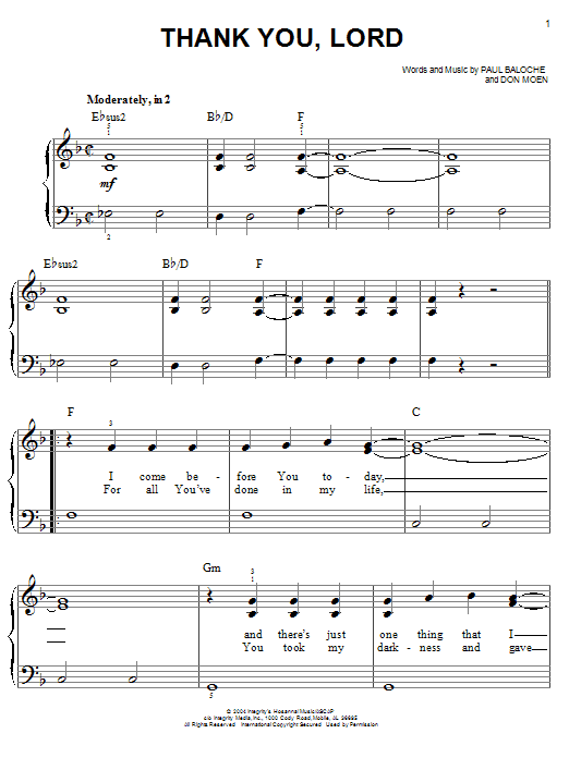Paul Baloche Thank You, Lord sheet music notes and chords arranged for Easy Piano