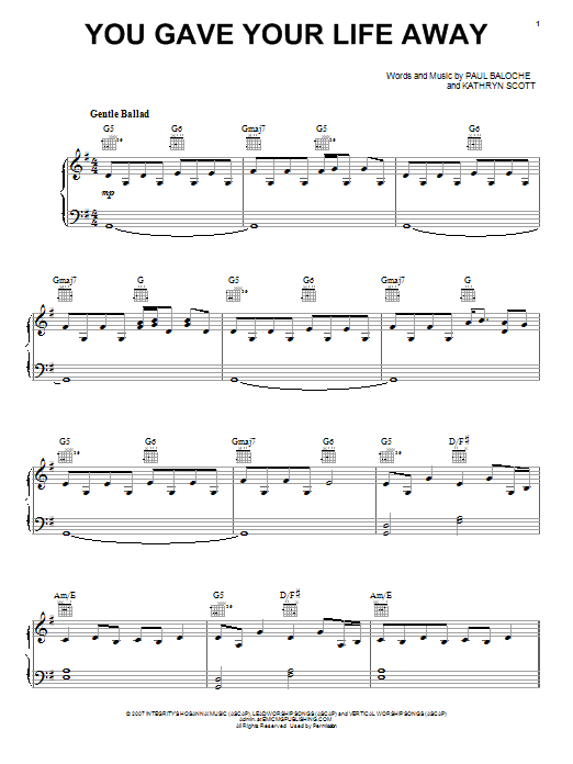 Paul Baloche You Gave Your Life Away sheet music notes and chords arranged for Piano, Vocal & Guitar Chords (Right-Hand Melody)
