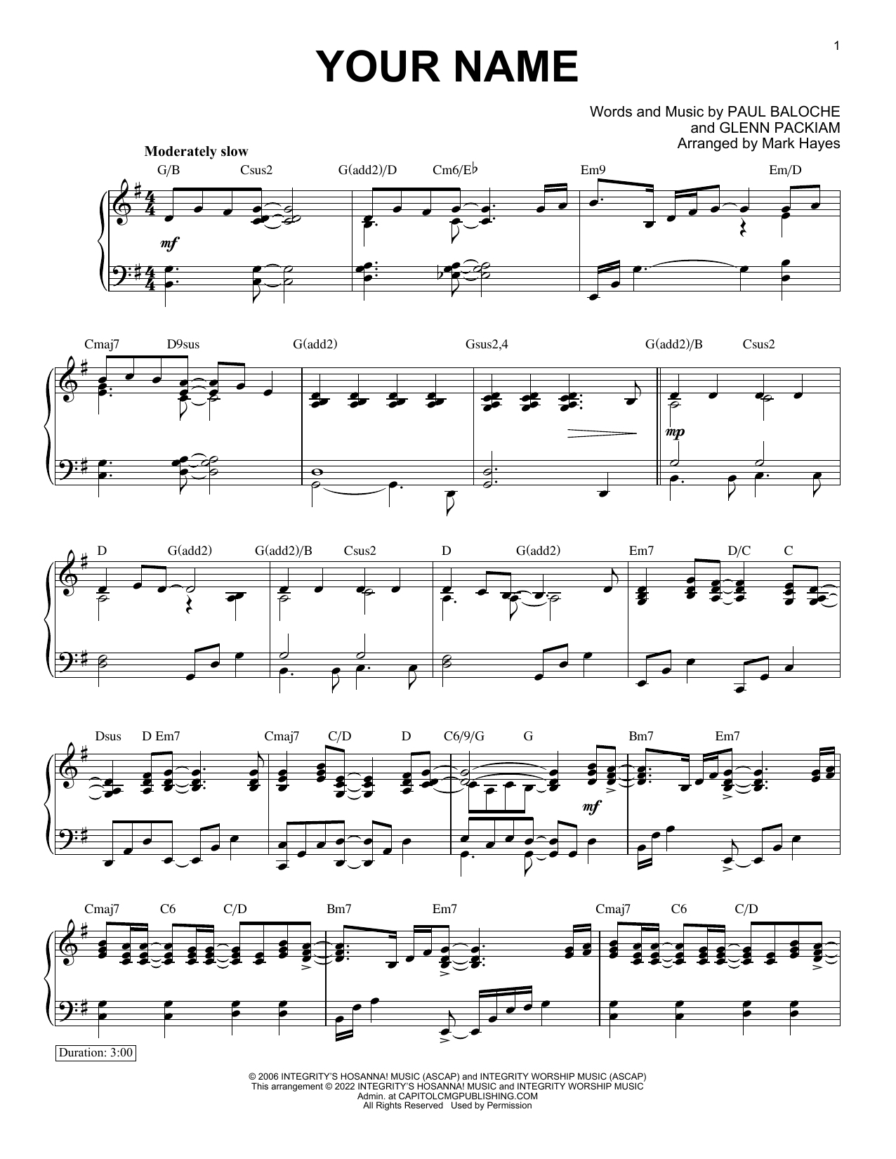 Paul Baloche Your Name (arr. Mark Hayes) sheet music notes and chords arranged for Piano Solo