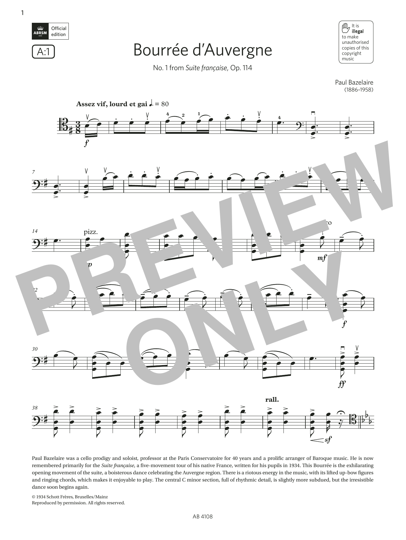 Paul Bazelaire Bourée d'Auvergne (Grade 5, A1, from the ABRSM Cello Syllabus from 2024) sheet music notes and chords arranged for Cello Solo