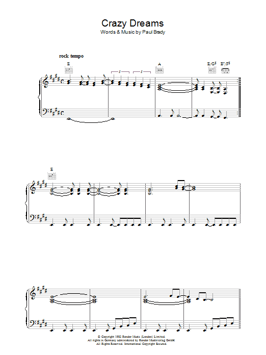 Paul Brady Crazy Dreams sheet music notes and chords arranged for Piano, Vocal & Guitar Chords