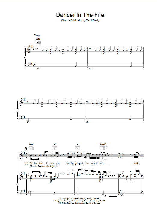 Paul Brady Dancer In The Fire sheet music notes and chords arranged for Piano, Vocal & Guitar Chords