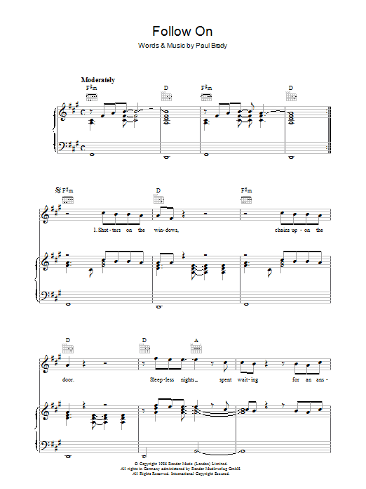 Paul Brady Follow On sheet music notes and chords arranged for Piano, Vocal & Guitar Chords