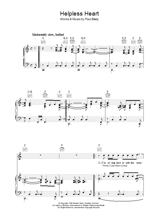 Paul Brady Helpless Heart sheet music notes and chords arranged for Piano, Vocal & Guitar Chords