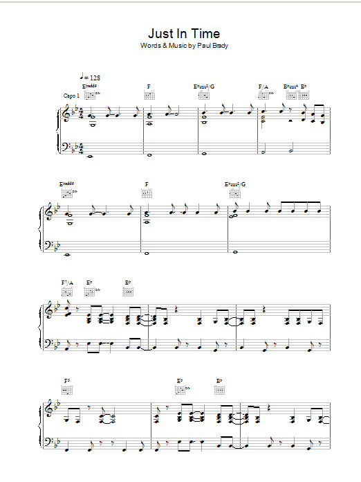 Paul Brady Just In Time sheet music notes and chords arranged for Piano, Vocal & Guitar Chords