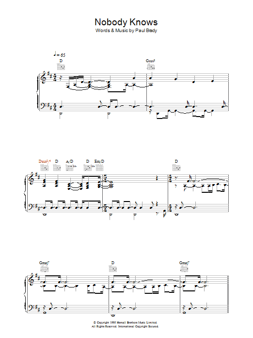 Paul Brady Nobody Knows sheet music notes and chords arranged for Piano, Vocal & Guitar Chords