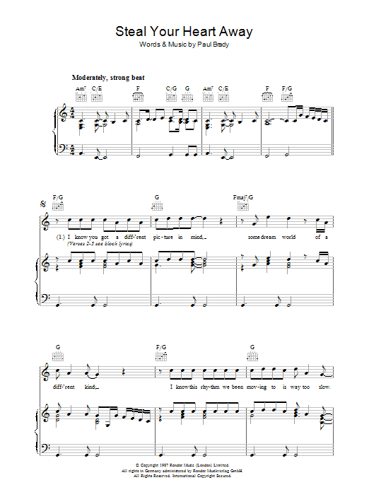 Paul Brady Steal Your Heart Away sheet music notes and chords arranged for Piano, Vocal & Guitar Chords