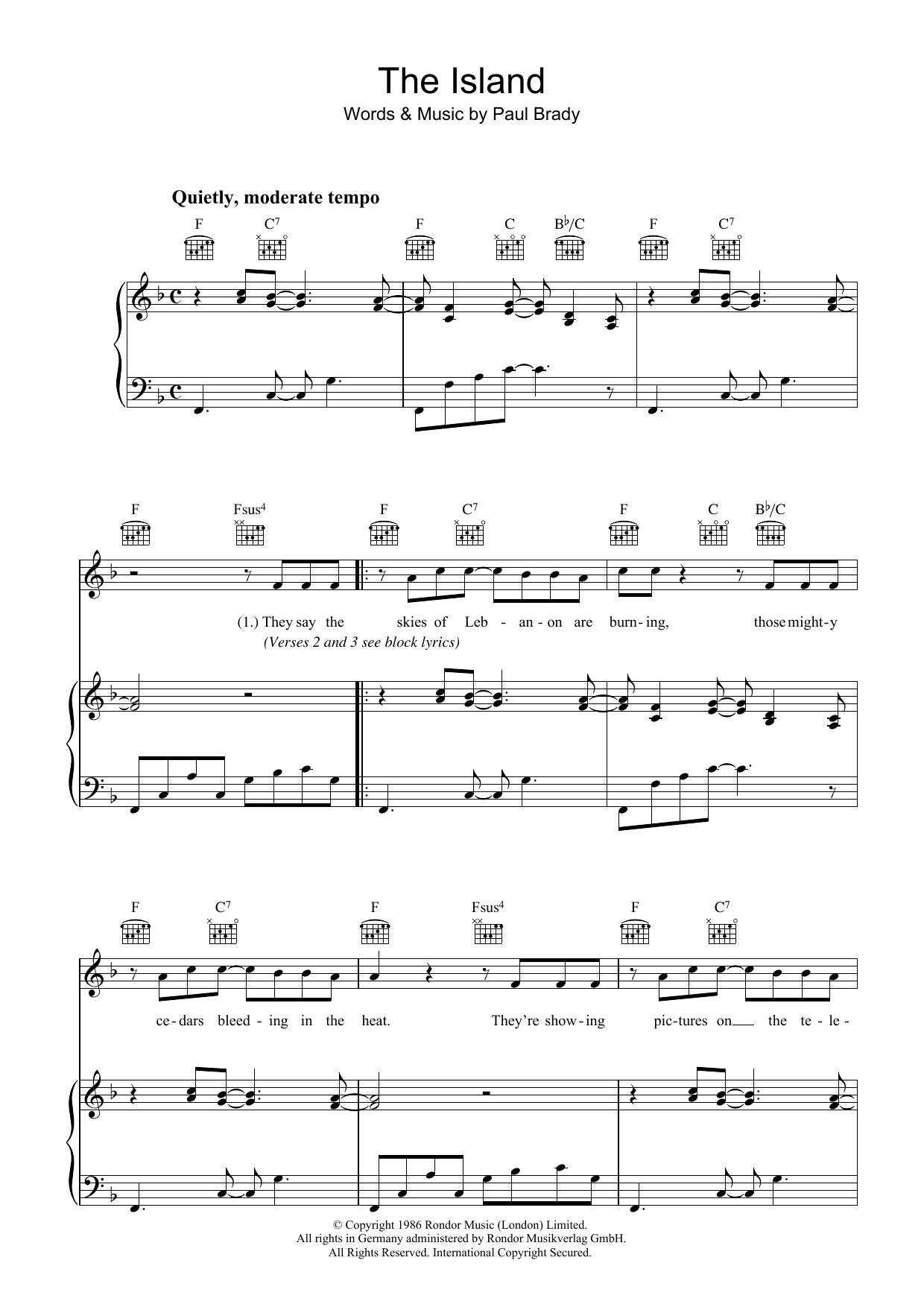 Paul Brady The Island sheet music notes and chords arranged for Piano, Vocal & Guitar Chords