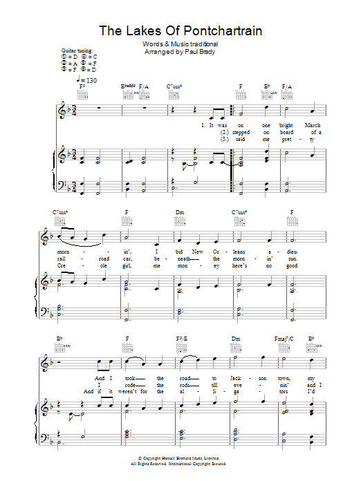 Paul Brady The Lakes Of Pontchartrain sheet music notes and chords arranged for Piano, Vocal & Guitar Chords