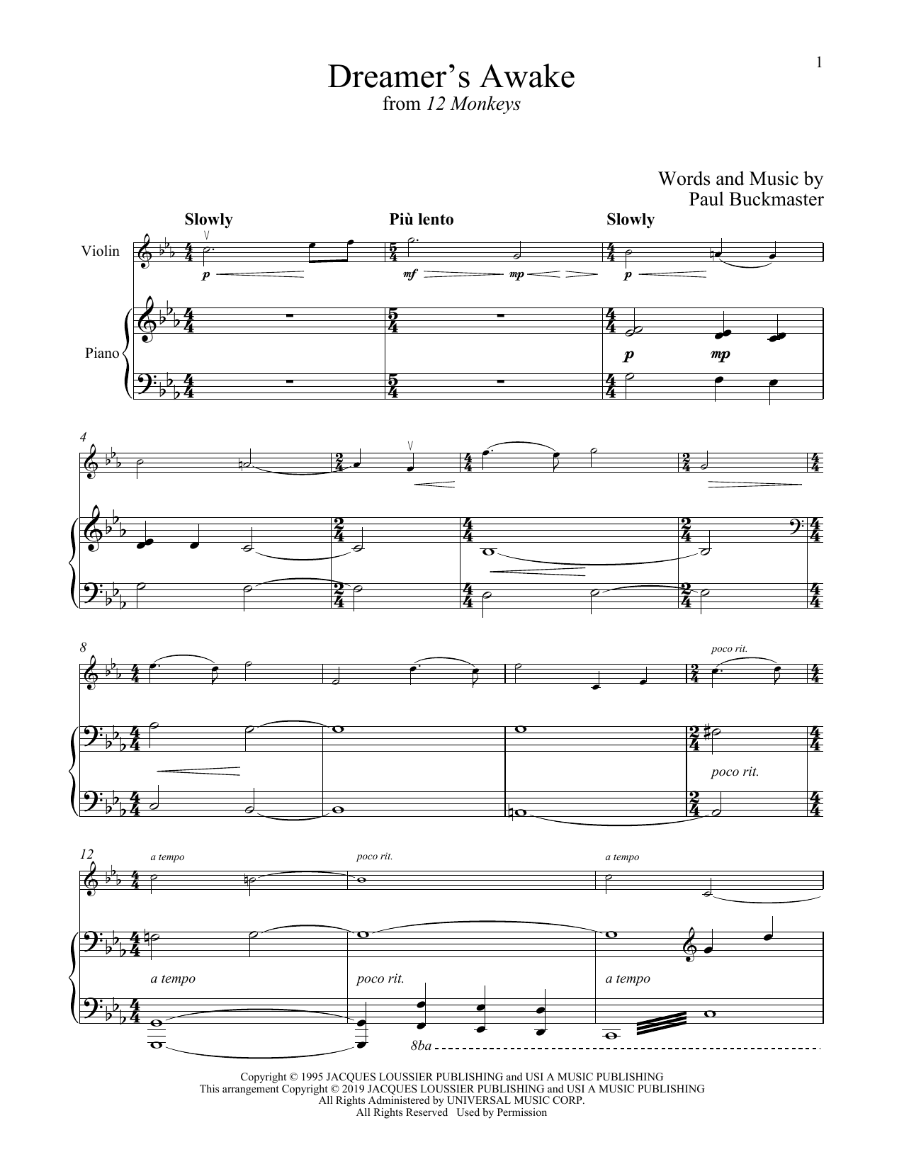 Paul Buckmaster Dreamer's Awake (from 12 Monkeys) sheet music notes and chords arranged for Violin and Piano