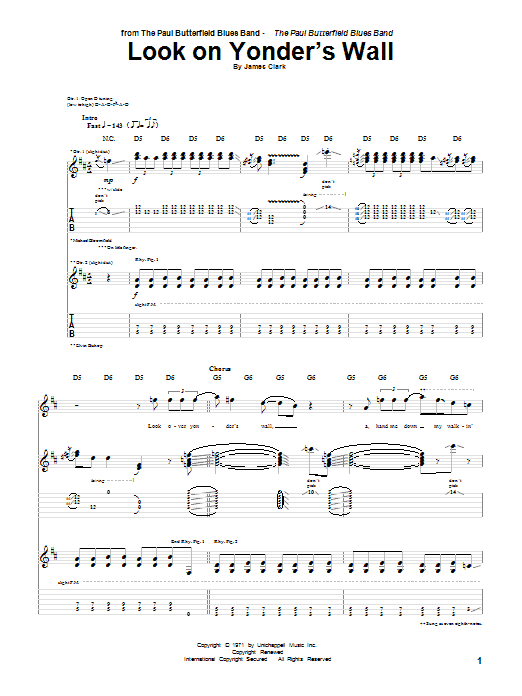 Paul Butterfield Look On Yonder's Wall sheet music notes and chords arranged for Guitar Tab