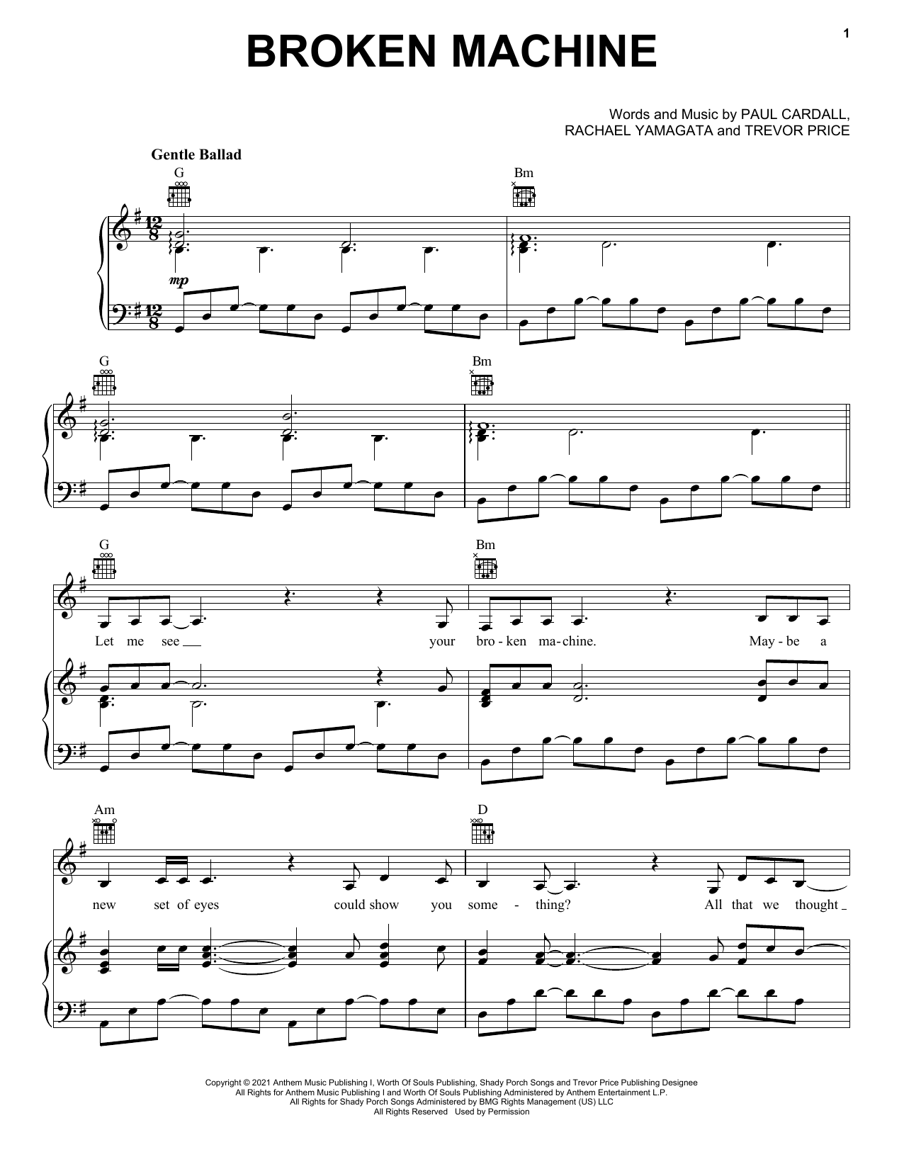 Paul Cardall and Rachael Yamagata Broken Machine sheet music notes and chords arranged for Piano, Vocal & Guitar Chords (Right-Hand Melody)