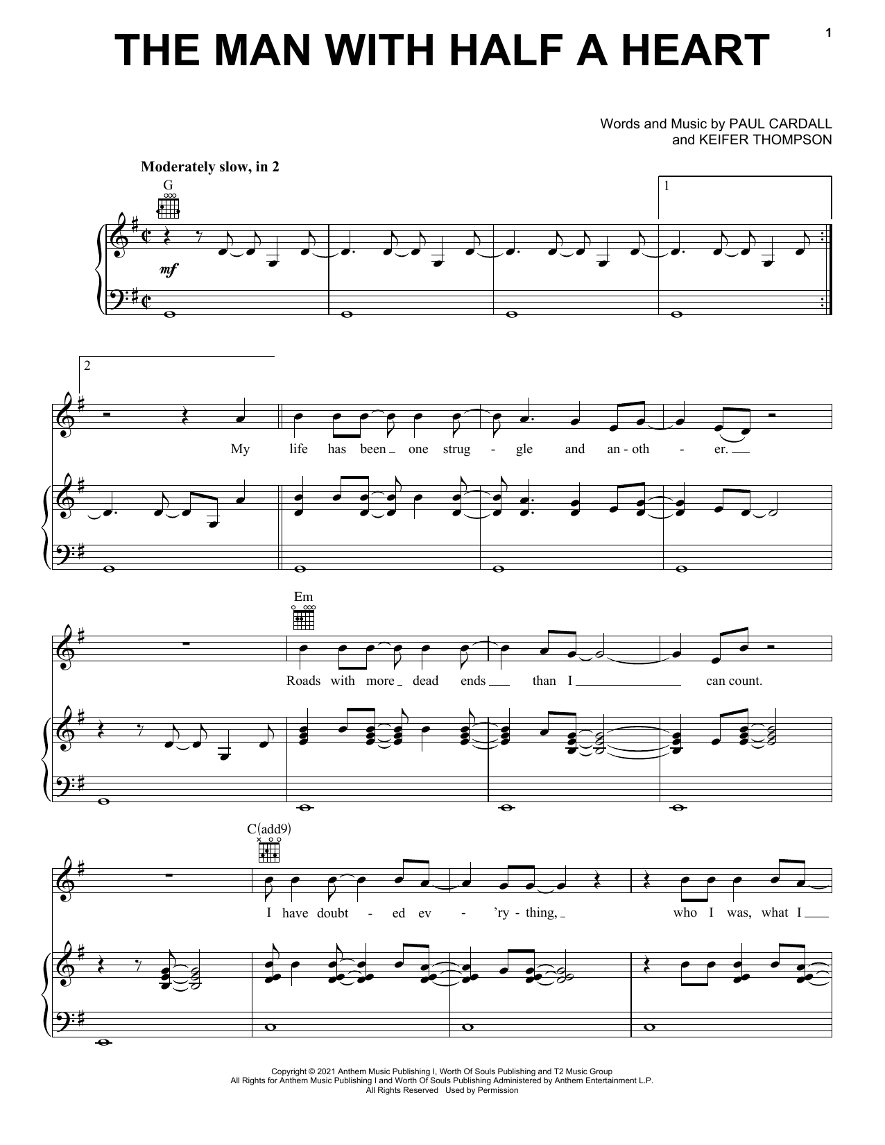 Paul Cardall and Thompson Square The Man With Half A Heart sheet music notes and chords arranged for Piano, Vocal & Guitar Chords (Right-Hand Melody)