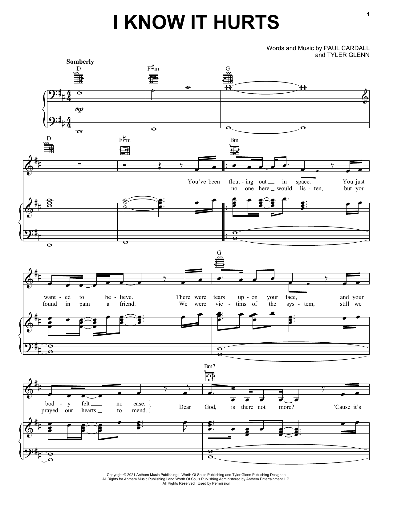 Paul Cardall and Tyler Glenn I Know It Hurts sheet music notes and chords arranged for Piano, Vocal & Guitar Chords (Right-Hand Melody)