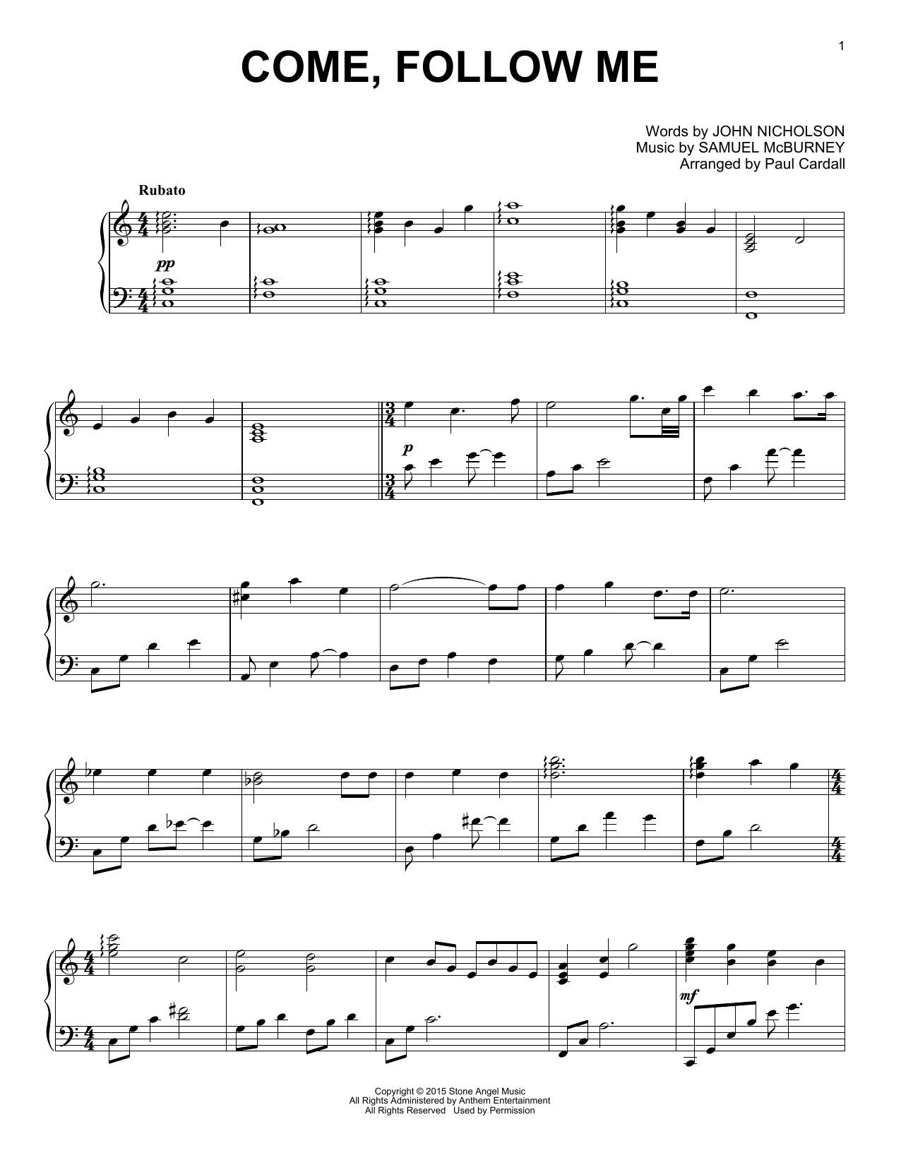 Paul Cardall Come, Follow Me sheet music notes and chords arranged for Piano Solo