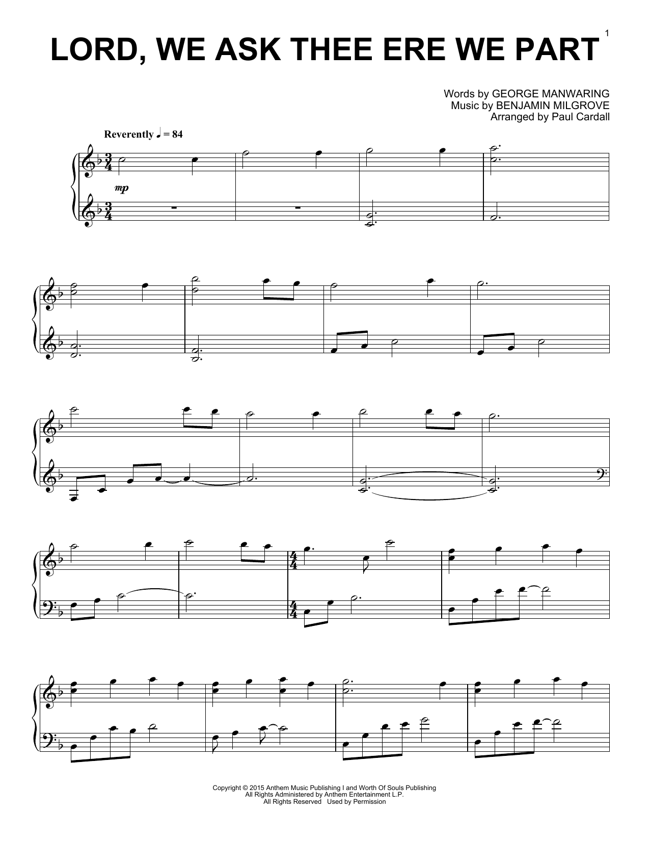 Paul Cardall Lord, We Ask Thee Ere We Part sheet music notes and chords arranged for Piano Solo