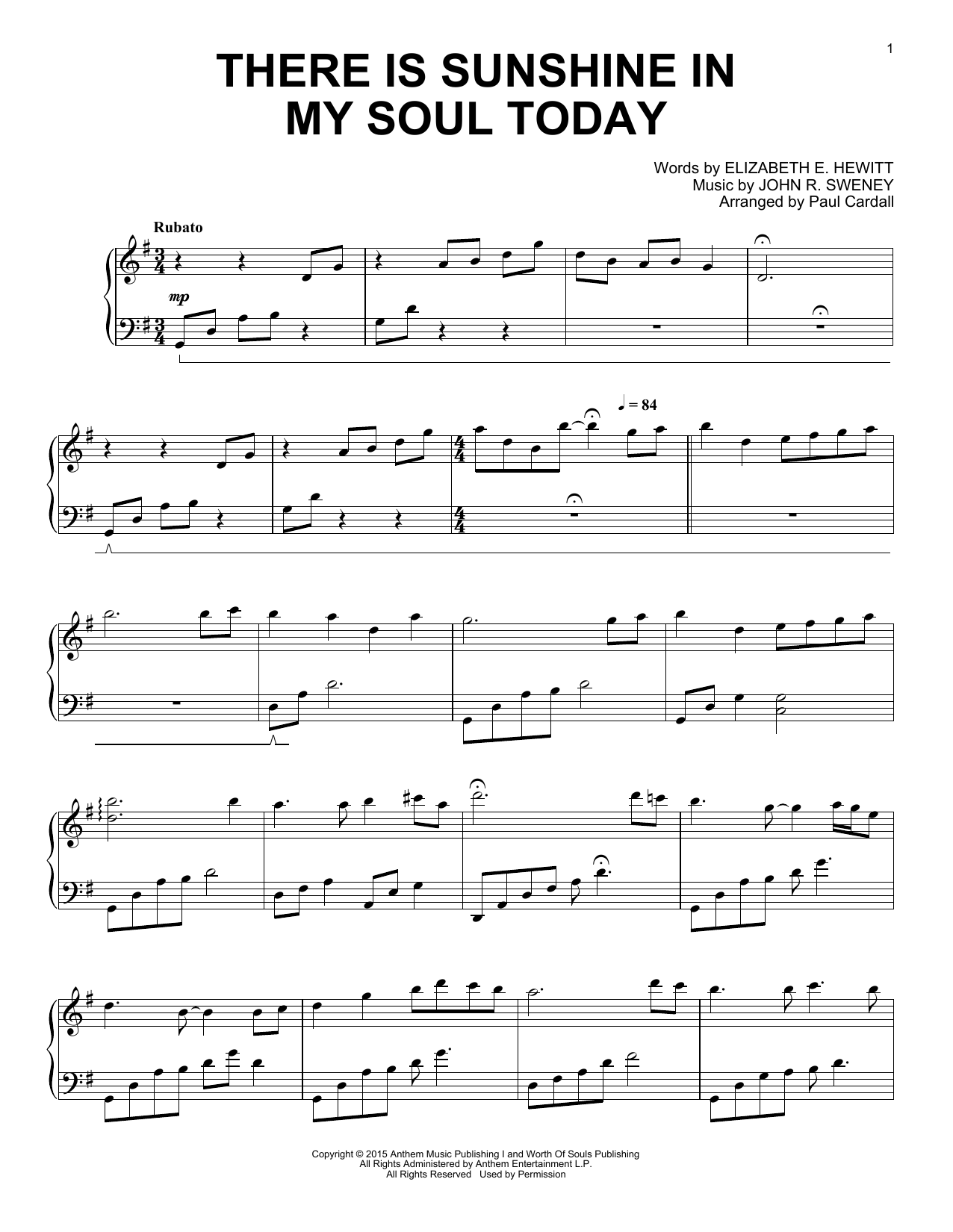 Paul Cardall There Is Sunshine In My Soul Today sheet music notes and chords arranged for Piano Solo