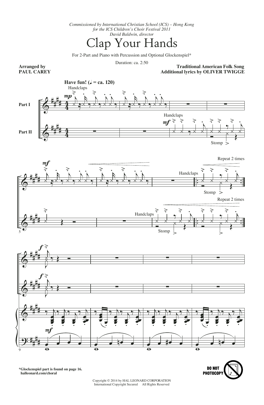 Paul Carey Clap Your Hands sheet music notes and chords arranged for 2-Part Choir