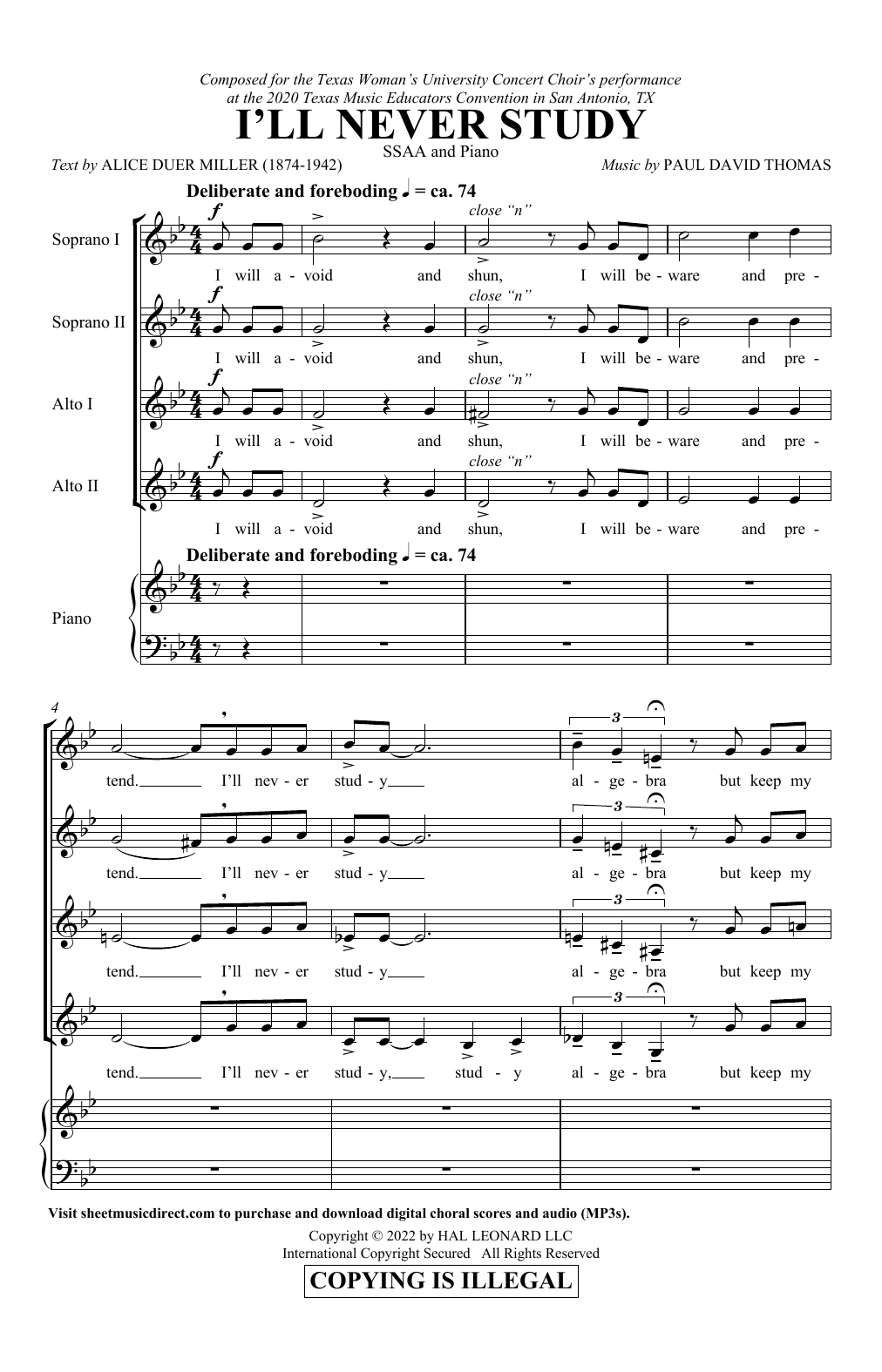 Paul David Thomas I'll Never Study sheet music notes and chords arranged for SSA Choir