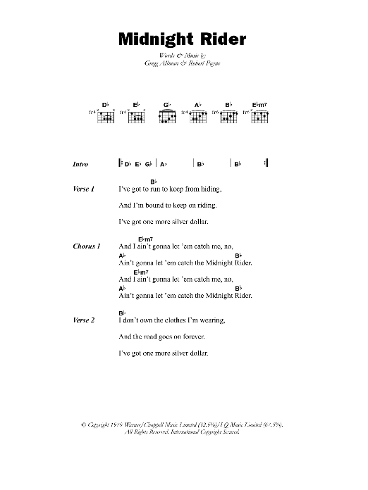 Paul Davidson Midnight Rider sheet music notes and chords arranged for Guitar Chords/Lyrics