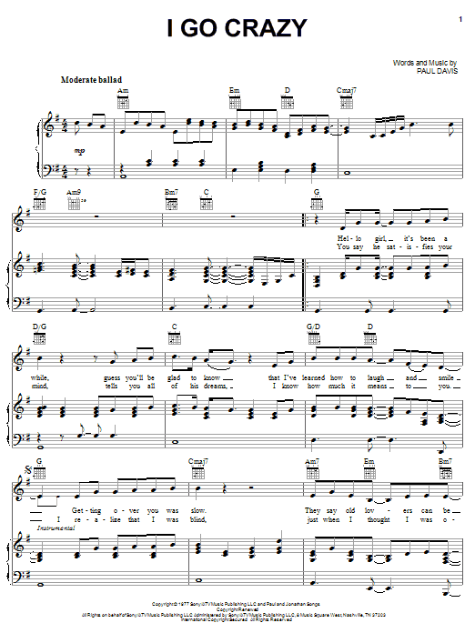 Paul Davis I Go Crazy sheet music notes and chords arranged for Piano, Vocal & Guitar Chords (Right-Hand Melody)