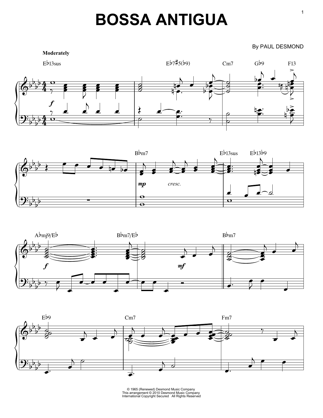 Paul Desmond Bossa Antigua [Jazz version] (arr. Brent Edstrom) sheet music notes and chords arranged for Piano Solo