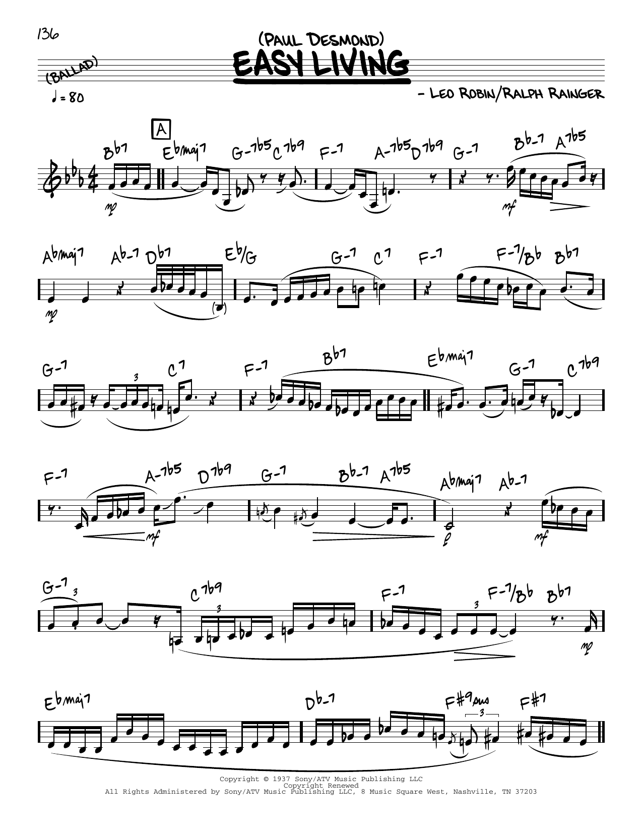 Paul Desmond Easy Living (solo only) sheet music notes and chords arranged for Real Book – Melody & Chords