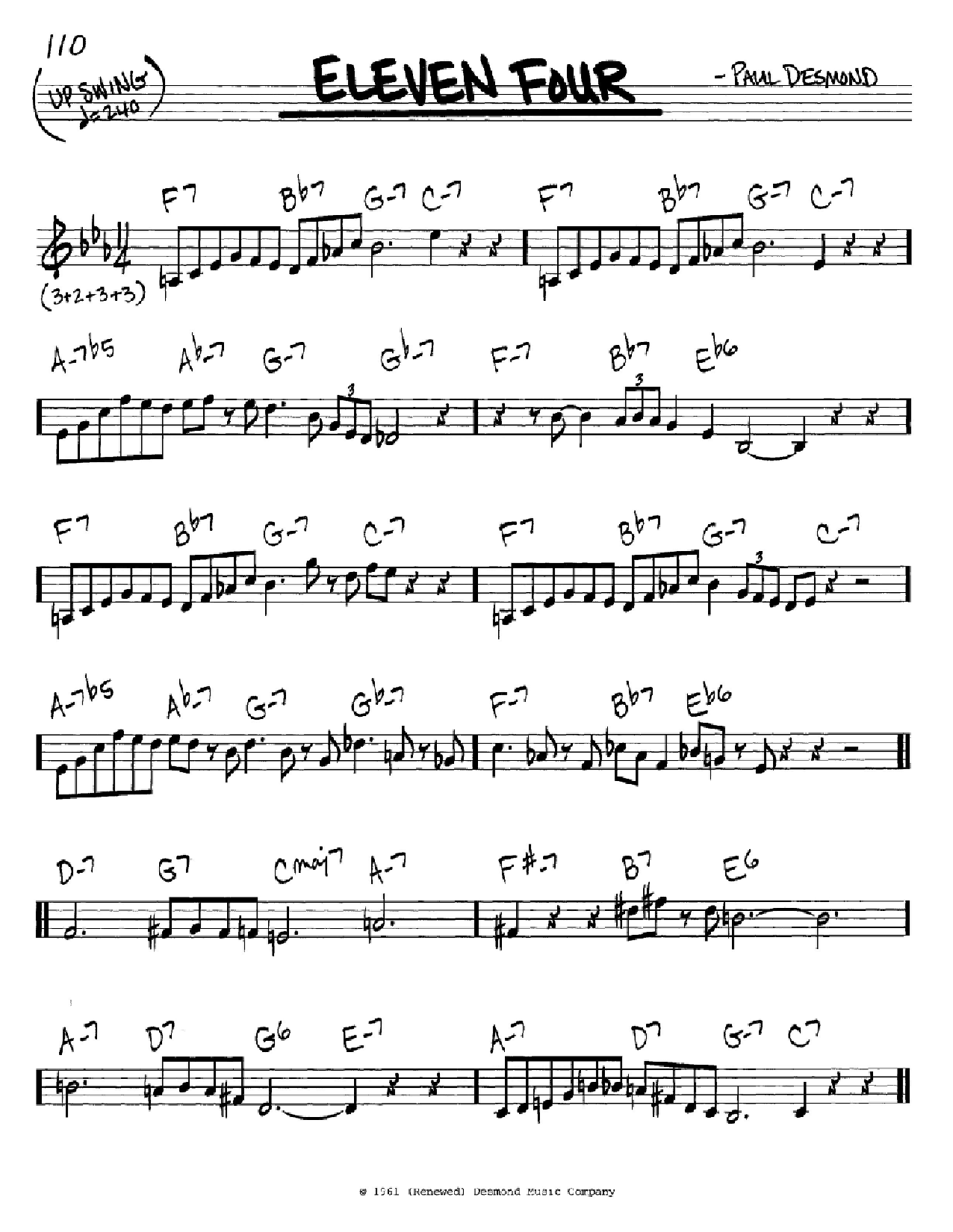 Paul Desmond Eleven Four sheet music notes and chords arranged for Real Book – Melody & Chords – C Instruments