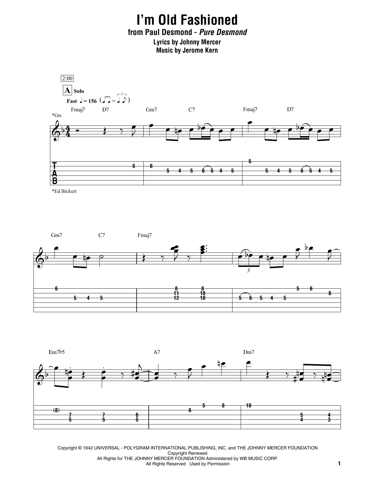 Paul Desmond I'm Old Fashioned sheet music notes and chords arranged for Electric Guitar Transcription