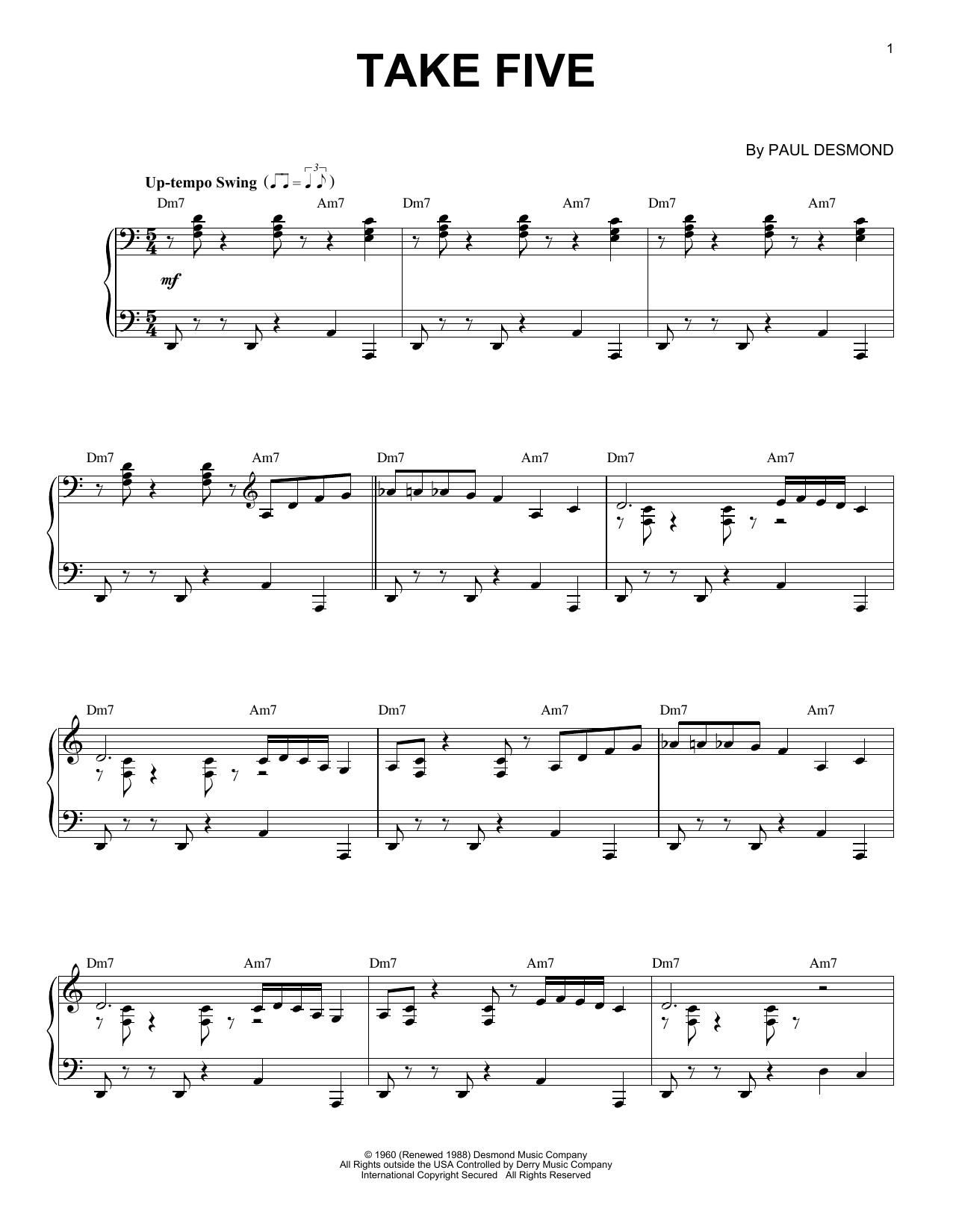 Paul Desmond Take Five (arr. Brent Edstrom) [Jazz version] sheet music notes and chords arranged for Piano Solo