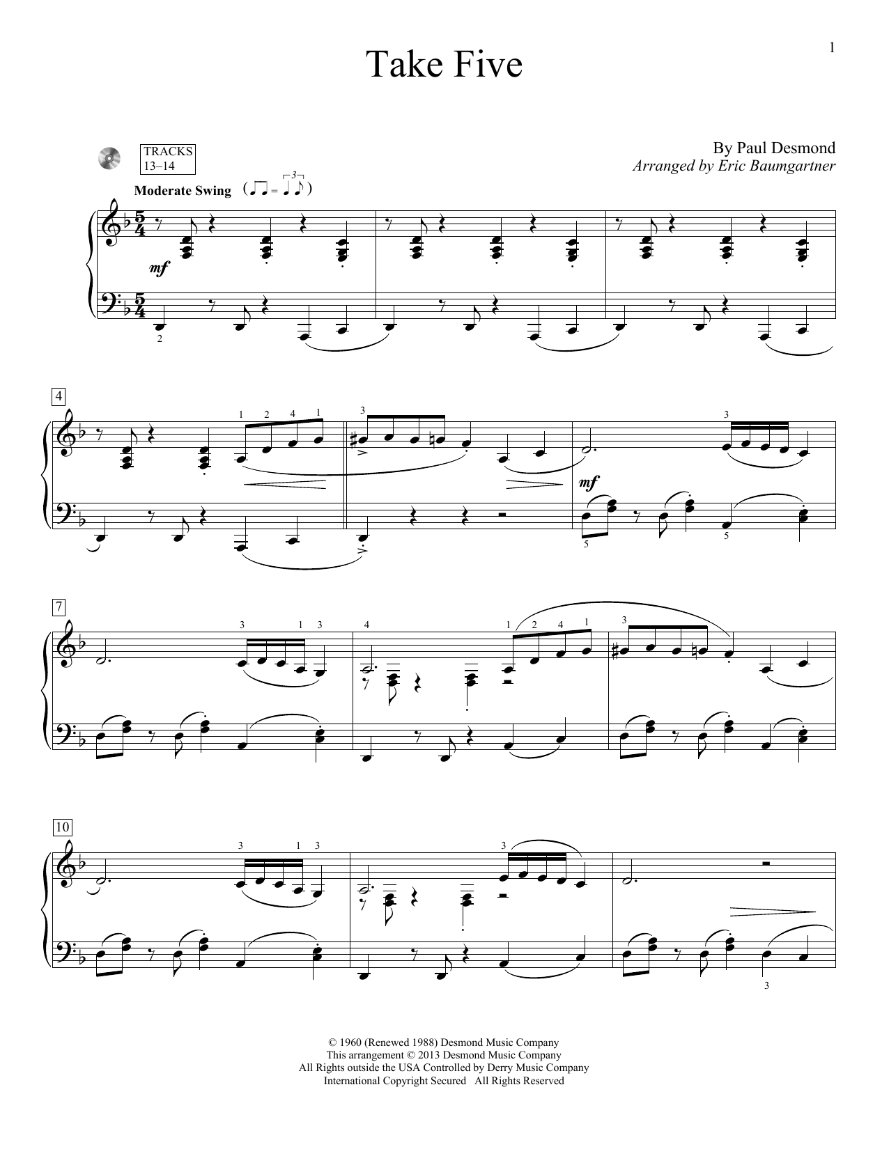 Paul Desmond Take Five (arr. Eric Baumgartner) sheet music notes and chords arranged for Educational Piano