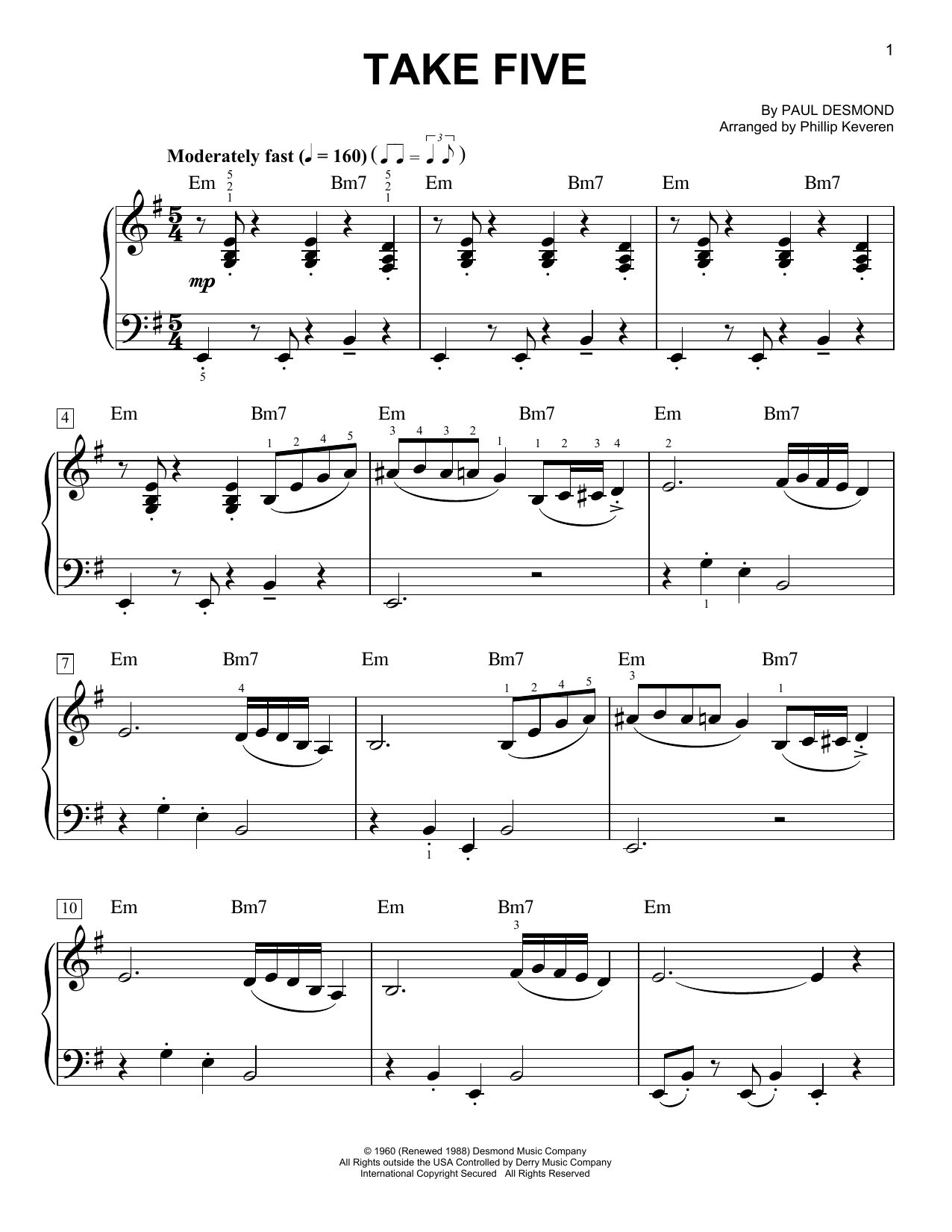 Paul Desmond Take Five (arr. Phillip Keveren) sheet music notes and chords arranged for Easy Piano
