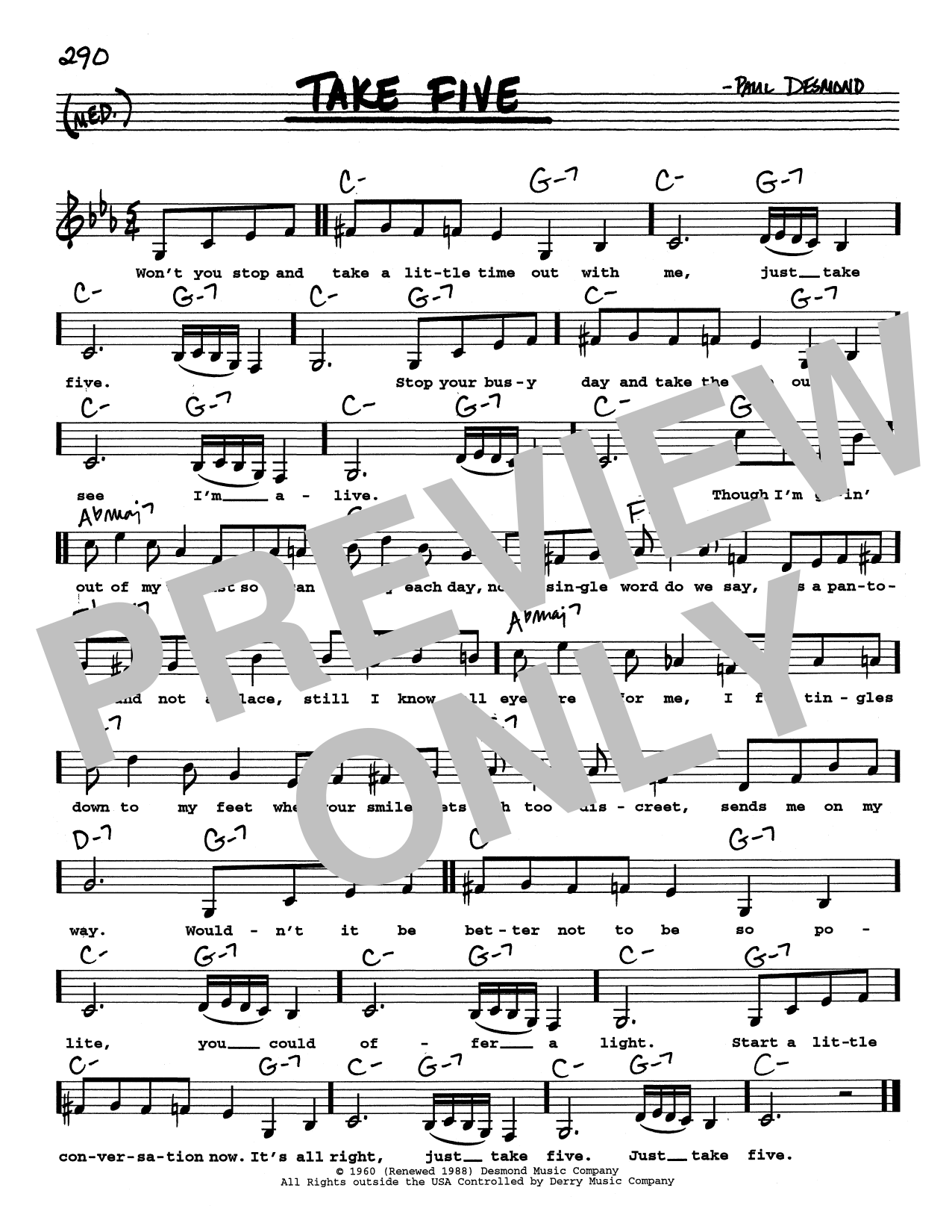 Paul Desmond Take Five (Low Voice) sheet music notes and chords arranged for Real Book – Melody, Lyrics & Chords